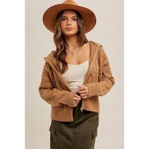 NWT HEM & THREAD CABLE KNIT ZIP UP HODDIE SWEATER CARDIGAN JACKET SZ L